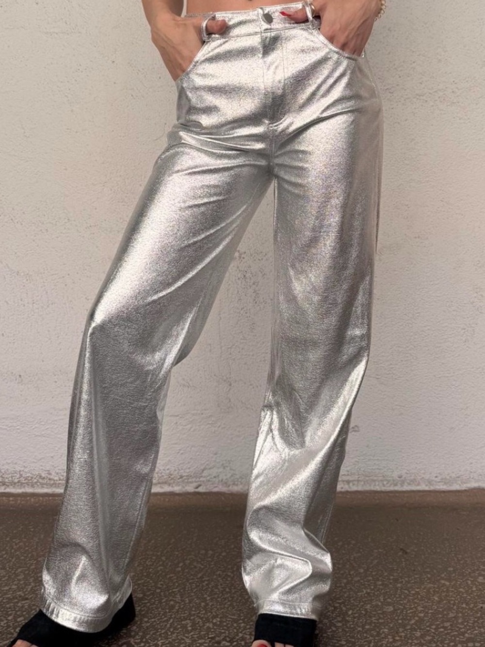 Abercrombie & Fitch Silver Metallic Wide-Leg Trousers